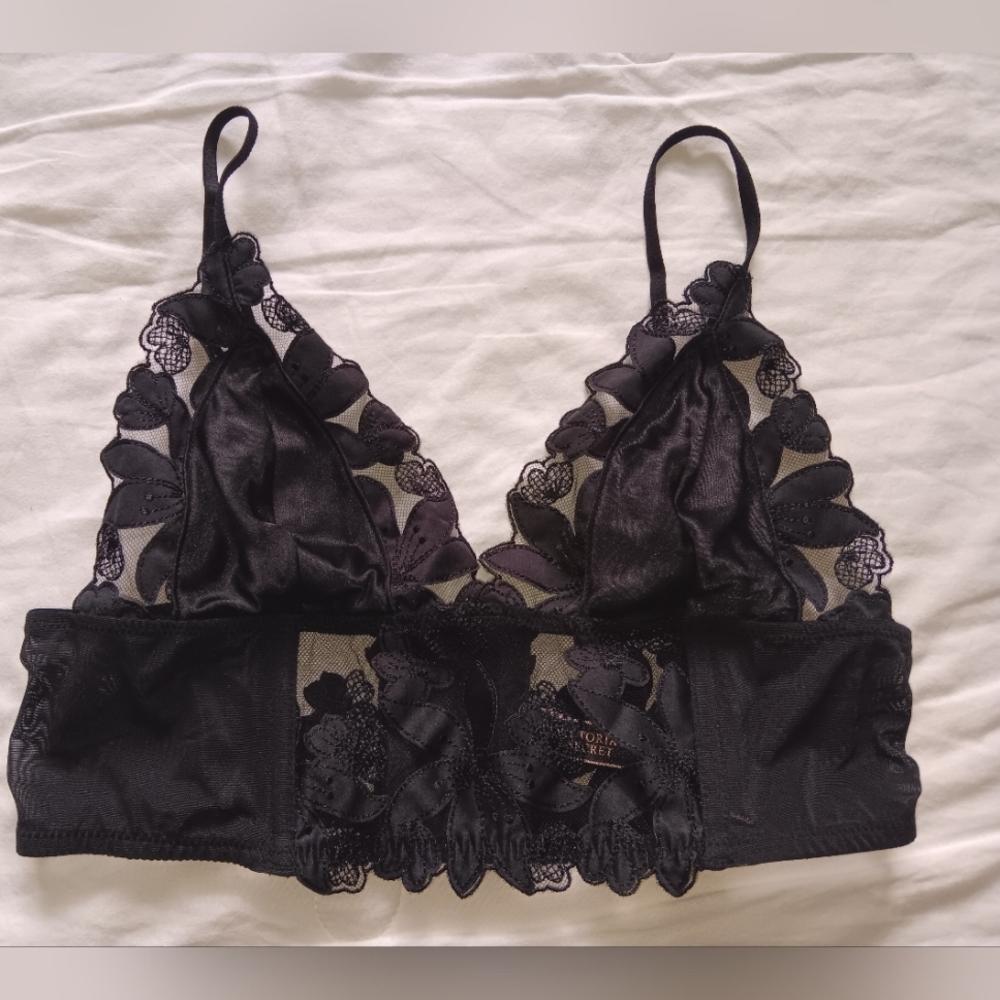 Victoria's Secret Black Mesh Floral Embroidered Long Line Bralette. Size S. - Picture 3 of 12